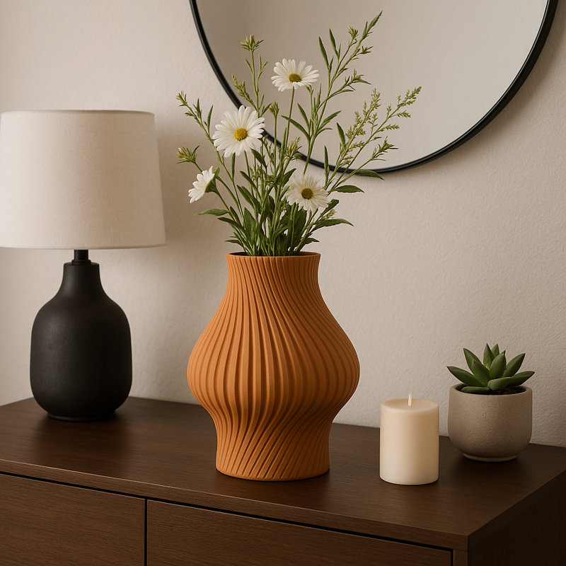 Decorative 3D Printed Tall Vase with Ribbed Texture for Home Decor – Sculptural Flower Vase for Office, Entryway, and Coffee Table Decor – Yellow