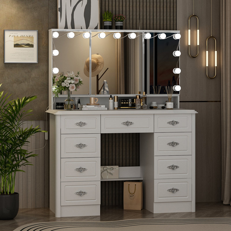 Aurey Makeup Vanity Desk With Fold Mirror And  Adjustable Lights