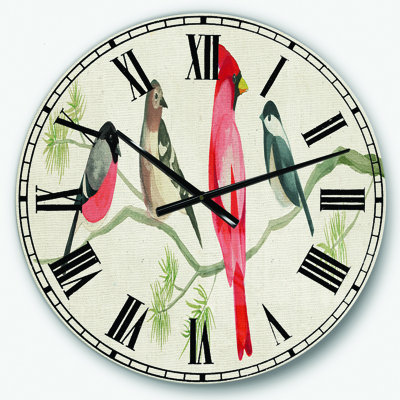 Chickadee and Red Farmhouse Bird on Branch - Horloge murale