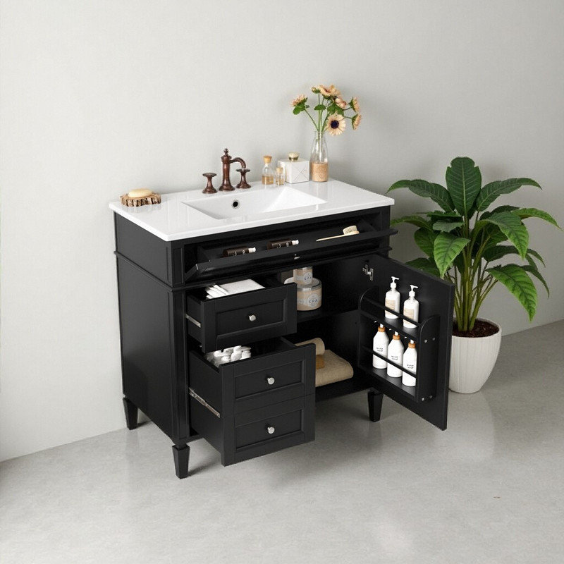Meuble-lavabo de 36 po en bois massif avec 2 tiroirs et un tiroir basculant, Noir