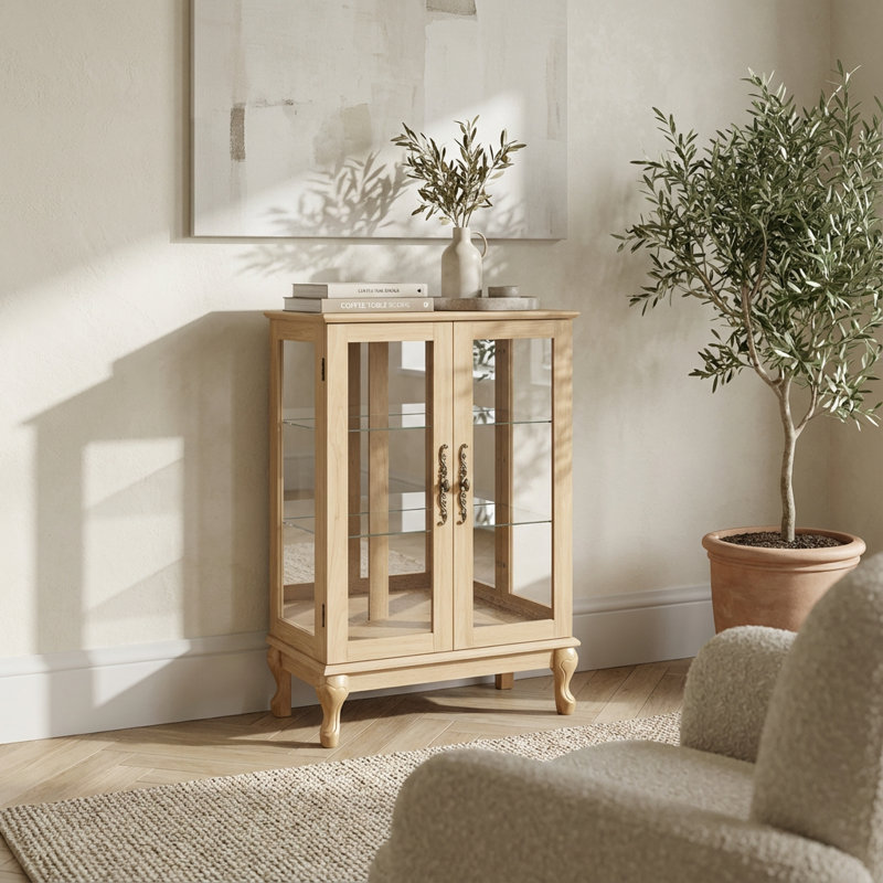 Elegant Light Oak Curio Cabinet with Tempered Glass Doors, LED Lighting, Mirrored Back Panel, and Adjustable Shelves for Display Storage in Home or Office Settings