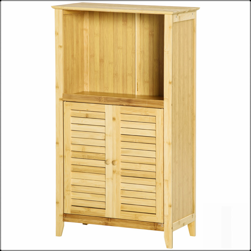Armoire en bambou avec plusieurs tablettes et portes pour l'organisation de la salle de bain et du salon