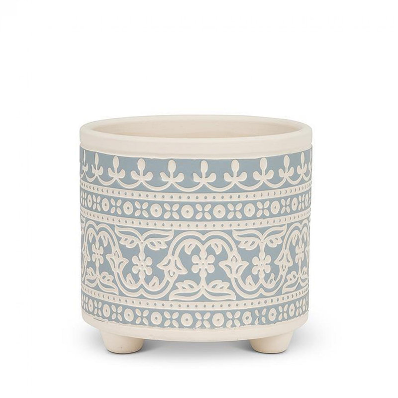 Pot à fleurs bleu et ivoire, H 4,5 po x l 4,5 po x P 4,5 po