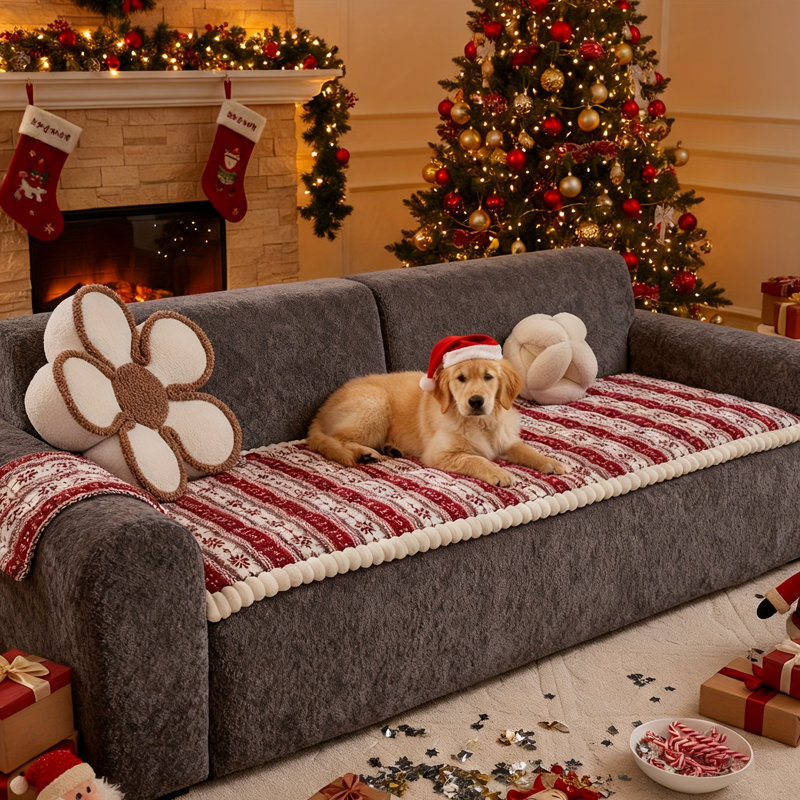 Housse pour canapé en velours côtelé Christmas, H 1,18 po x l 70 po x P 30 po, Mélange de polyester rouge