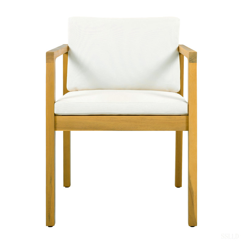 Chaises de salle à manger d'extérieur avec structure en bois d'acacia, finition teck clair et coussins beiges