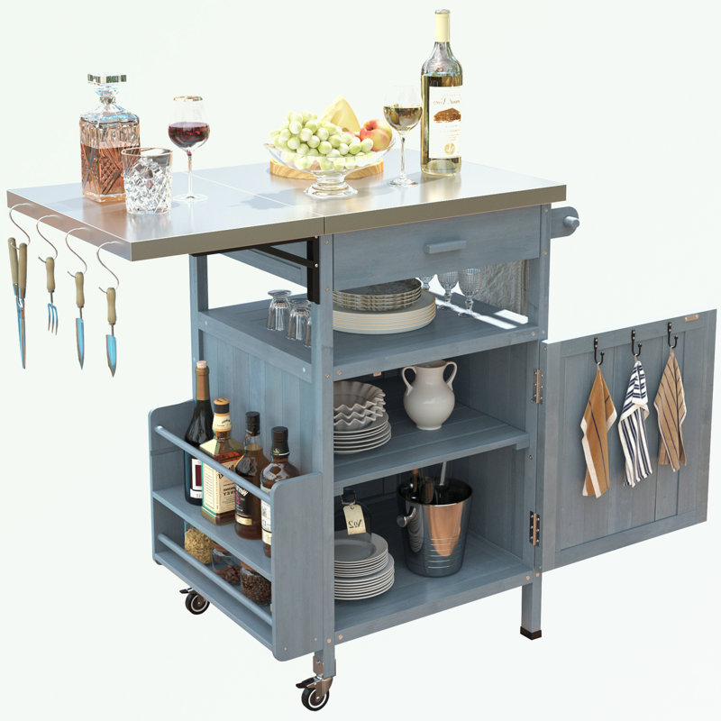 Îlot de cuisine avec roulettes verrouillables, plateau en acier inoxydable et abattant, Bleu