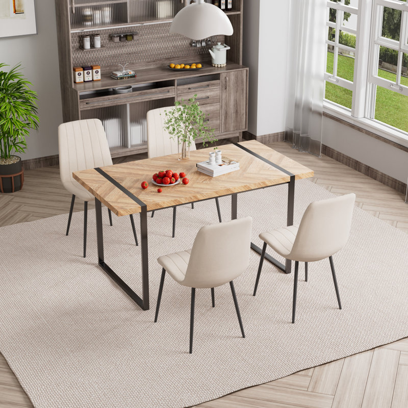 Dining Set, 59'' Rectangular Dining Room Table Set Upholstered Dining Chairs, Cream