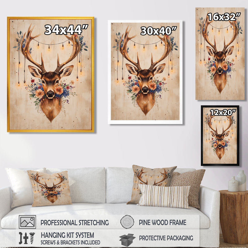 Composition marron et rouge rustique avec cerfs et fleurs de Noël I - Tableau encadré du Père Noël, H 32 po x l 24 po