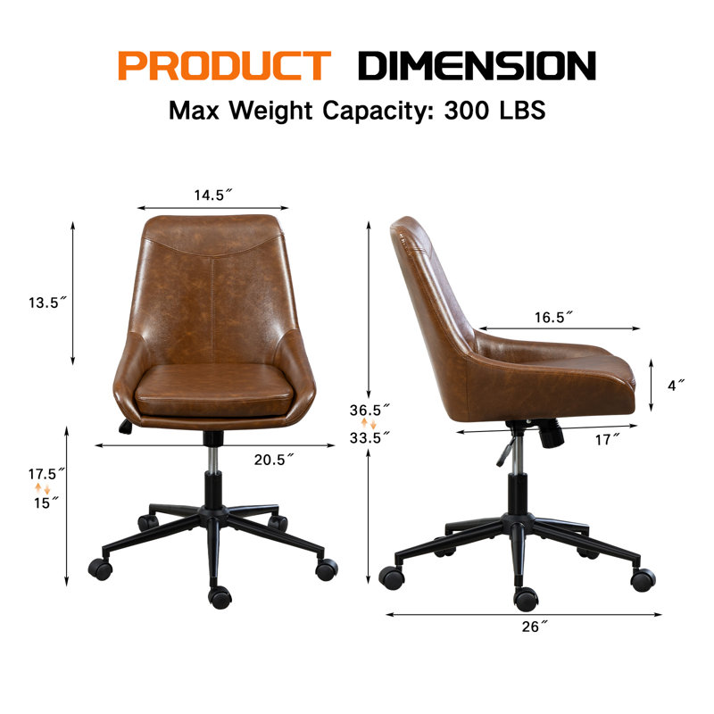 Faux Leather Armless Swivel Task Chair with Tilting Rock and Adjustable Seat Height, Yellow Brown,  Yellow Brown Faux Leather