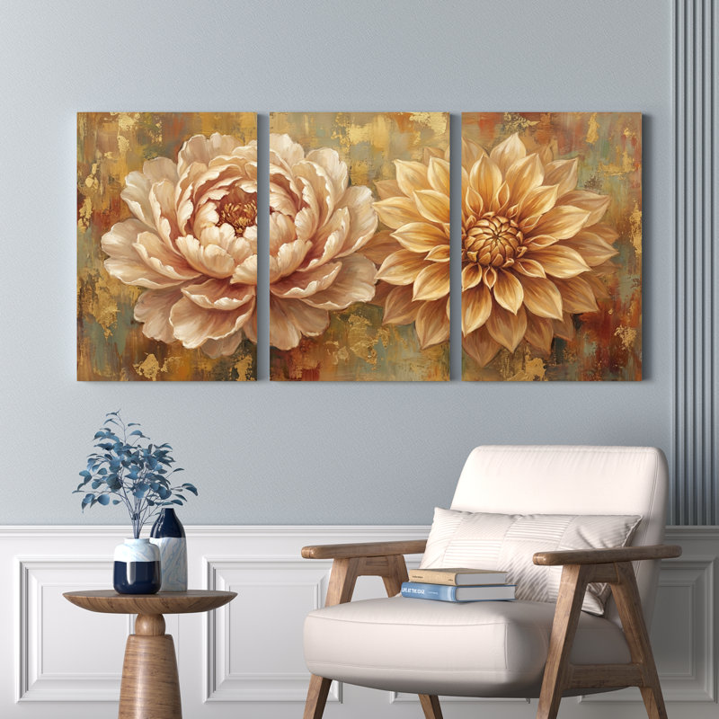 Ensemble de 3 tableaux sur toile tendue représentant des pivoines et des dahlias, pour la décoration du salon et de la chambre.