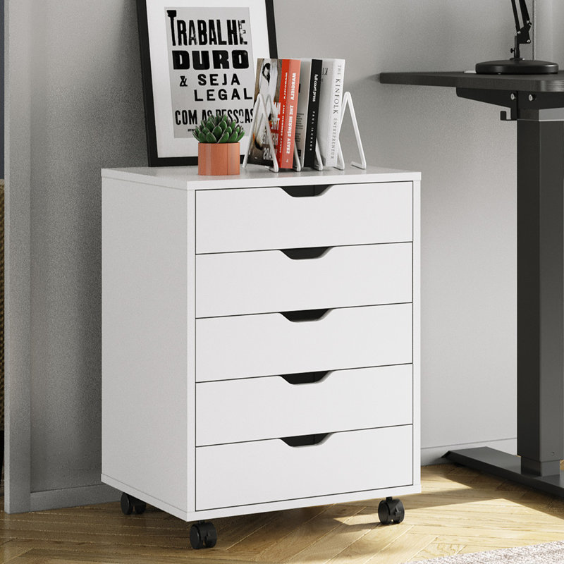 Classeur à 5 tiroirs avec roulettes Arijus, commode de rangement en bois, commode de chambre, classeur de bureau, commode mobile pour bureau personnel