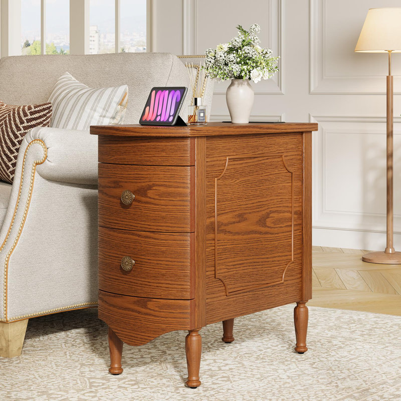 Narrow 2 Drawer End Table With Charging Station, Dark Walnut