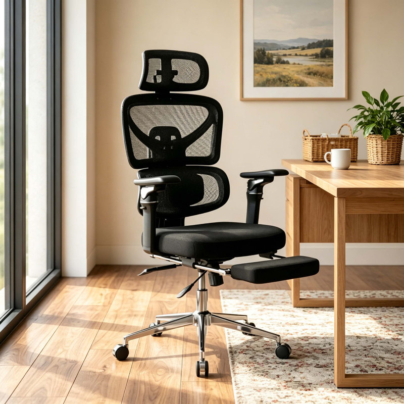 Ergonomic Mesh Office Chair with Massage Lumbar Pad, Adjustable Split Backrest, Multi-Directional Armrests & Retractable Footrest, Reclining Executive Desk Chair for Home Office