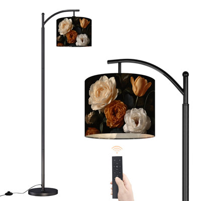 Arc Floor Lamp with Adjustable Lampshade Elegant White Orange Roses Tulip Dark Moody Floral Standing Lamp 3 Color Temperatures Dimmable Tall Pole Lamp with Foot Switch for Bedroom