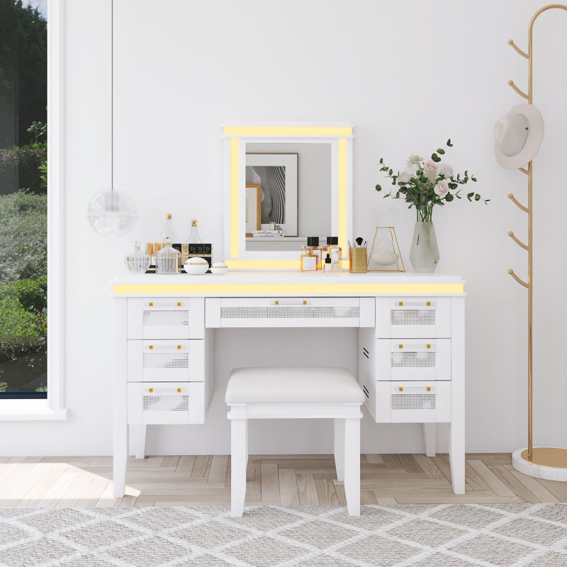 Coiffeuse de maquillage moderne moderne 48 "avec miroir et lumières et tabouret rembourré