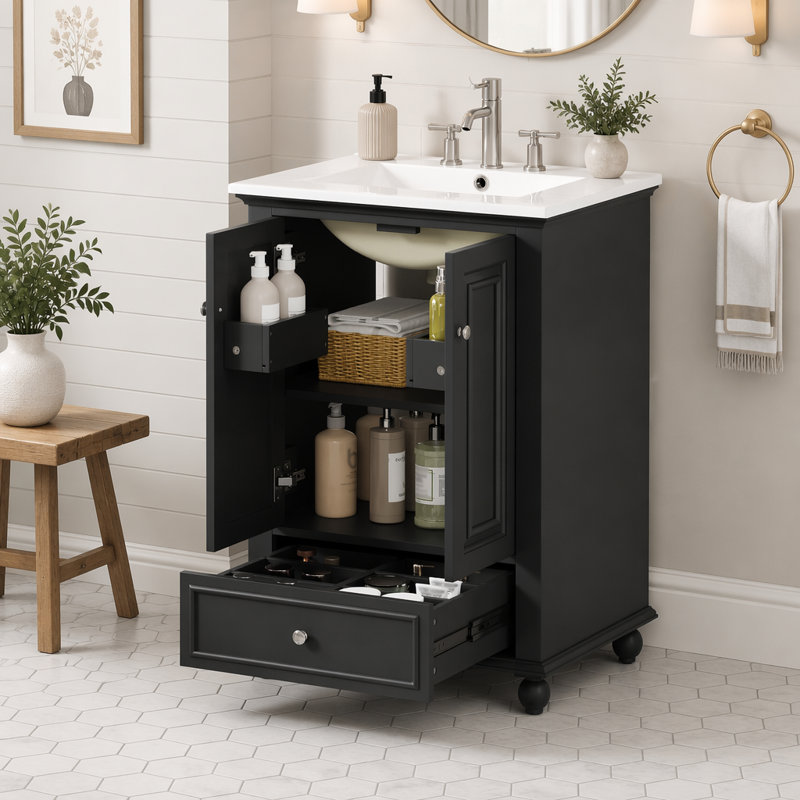  Meuble-lavabo rétro français sculpté avec lavabo en céramique brillante, armoire de rangement à fermeture en douceur avec tablette réglable et tiroir divisé, meuble-lavabo à pieds en bois massif