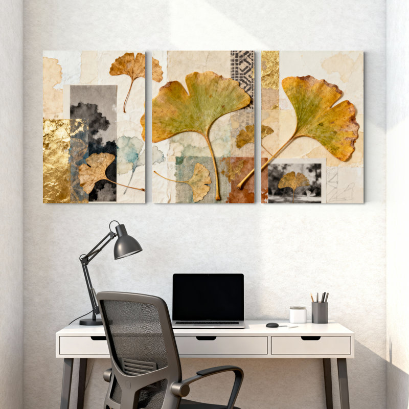 «Ginkgo Leaf Collage», reproduction d'art sur toile tendue sur toile, ensemble de 3, H 36 po x l 72 po