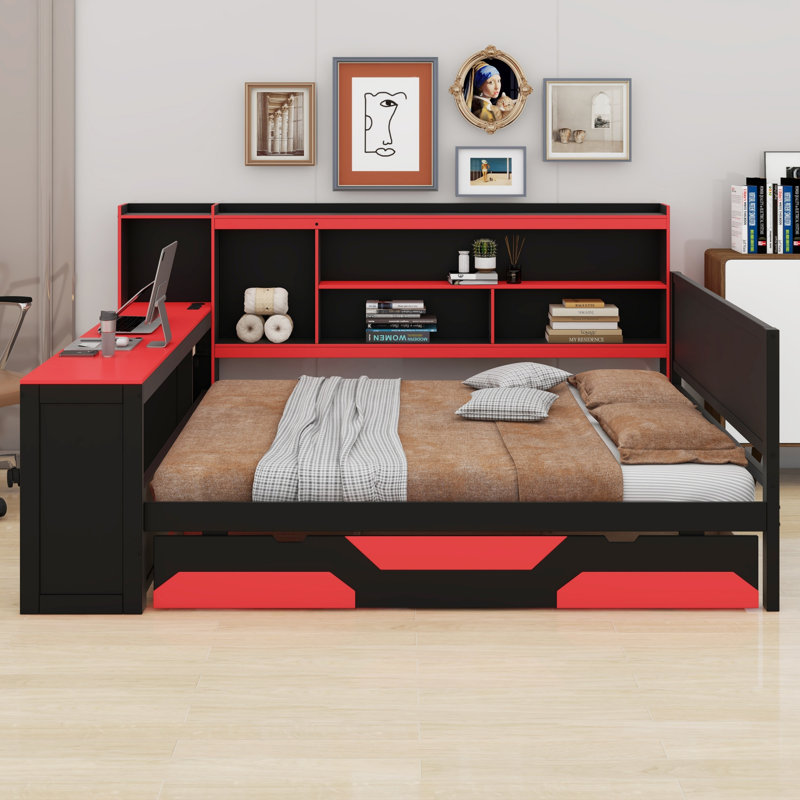 Lit de jour multifonctionnel avec bureau intégré, station de charge et tiroirs de rangement, Grand lit, Noir et rouge