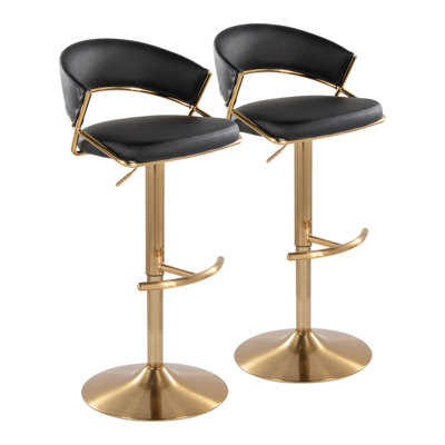 Jie Contemporary Adjustable Barstool With Swivel In Gold Metal And Black Faux Leather With Rounded T Footrest By Lumisource - Set Of 2