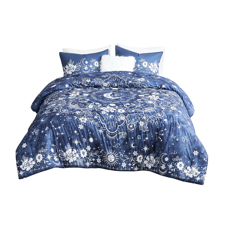 Édredon pour lit simple / simple TG - imprimé médaillon céleste, bleu marine, coussin carré