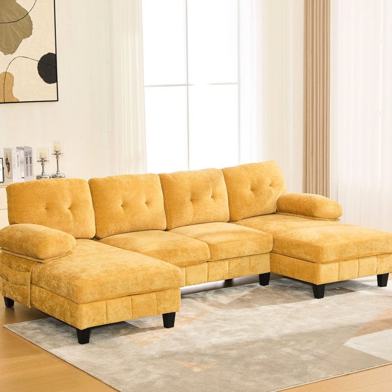 En forme de U pour le luxe et le confort du salon avec deux chaises longues, des compartiments de rangement, un coussin d'accoudoir en chenille jaune et des coussins moelleux