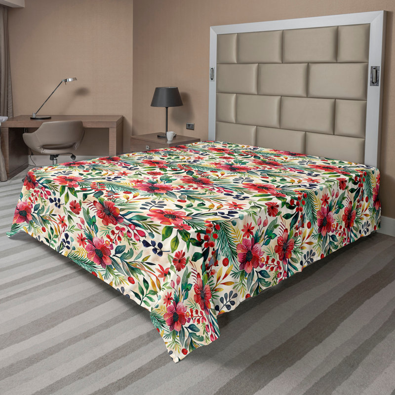 Drap plat moderne de style bohème Ambesonne, Vert forêt / motif floral vermillon, Drap plat pour très grand lit californien