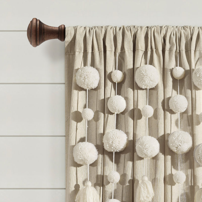 Boho Pom Pom Tassel Dark Linen Cotton Blend Window Curtain Panel