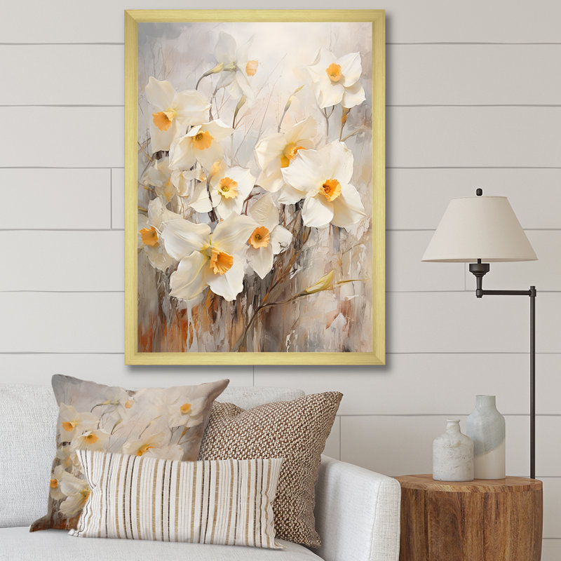 Minimalisme blanc et jonquilles oranges II - impression, Cadre doré simple, H 20 po x l 12 po x P 1 po