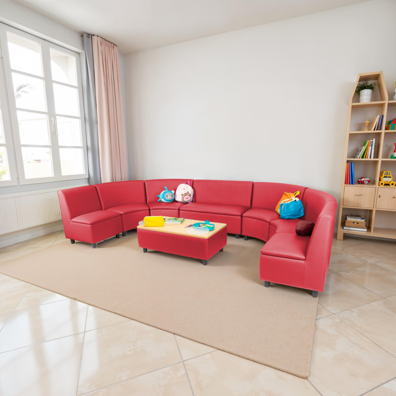 Ensemble 5 pièces de sièges collectifs courbés modulaires pour enfants avec table basse Kid Comfort, Brun clair, rouge