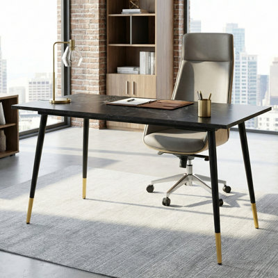 51.18" Black Marble-Style Office Desk