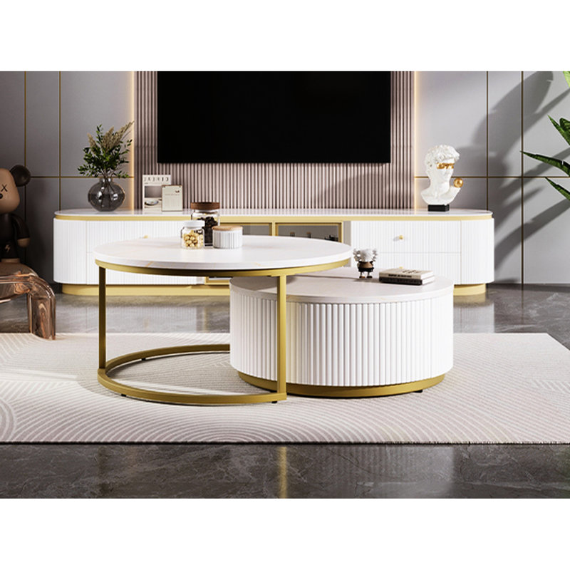 Élégante table basse gigogne cannelée avec tiroir en blanc et doré, Blanc