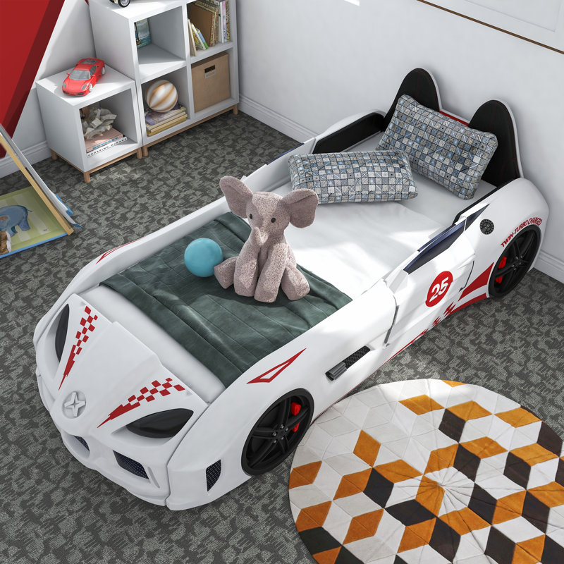 Lunnie Twin Car Bed With Lights, Blue, White