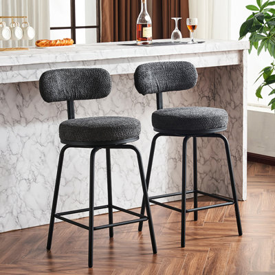 Chaises de bar modernes pivotantes à 360 °, revêtement bouclé gris foncé avec structure et repose-pieds en métal, tendance pour la cuisine, îlot de cuisine élégant pour la salle à manger,