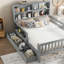 Lit plateforme double avec tableau noir, lit plateforme en bois massif avec tiroirs et tablettes de rangement, design amusant et peu encombrant, gris-1169432782