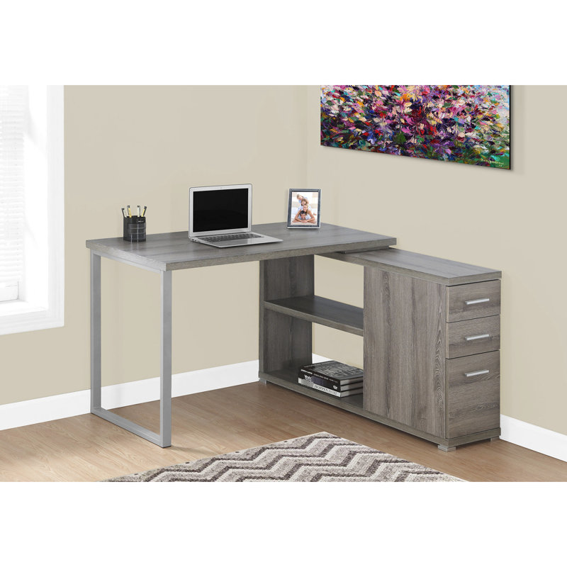Bureau d'ordinateur en forme de L pour bureau à domicile, espaces de rangement, bureau moderne en stratifié brun et métal gris, options, taupe
