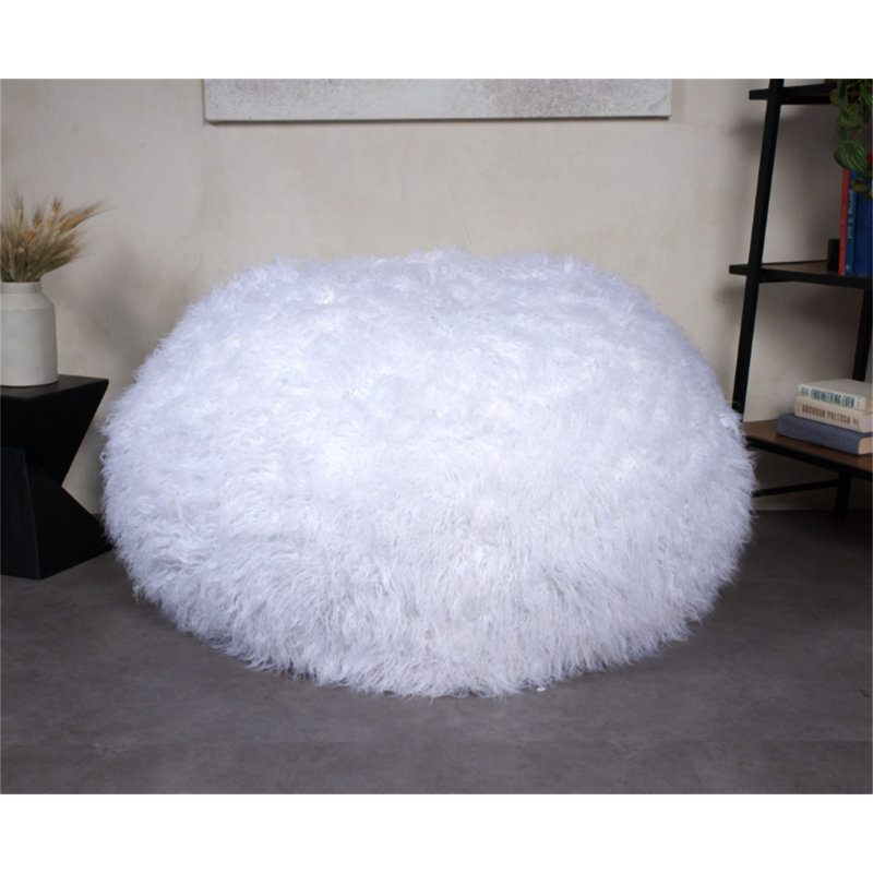 Mahin 5 Foot Rounded Faux Fur Bean Bag, White Faux Fur