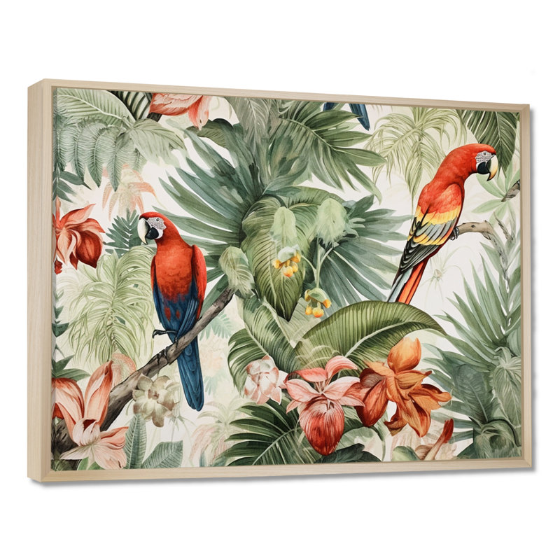 Perroquet au paradis I - art mural perroquet, H 16 po x l 32 po x P 1 po, Cadre flottant érable