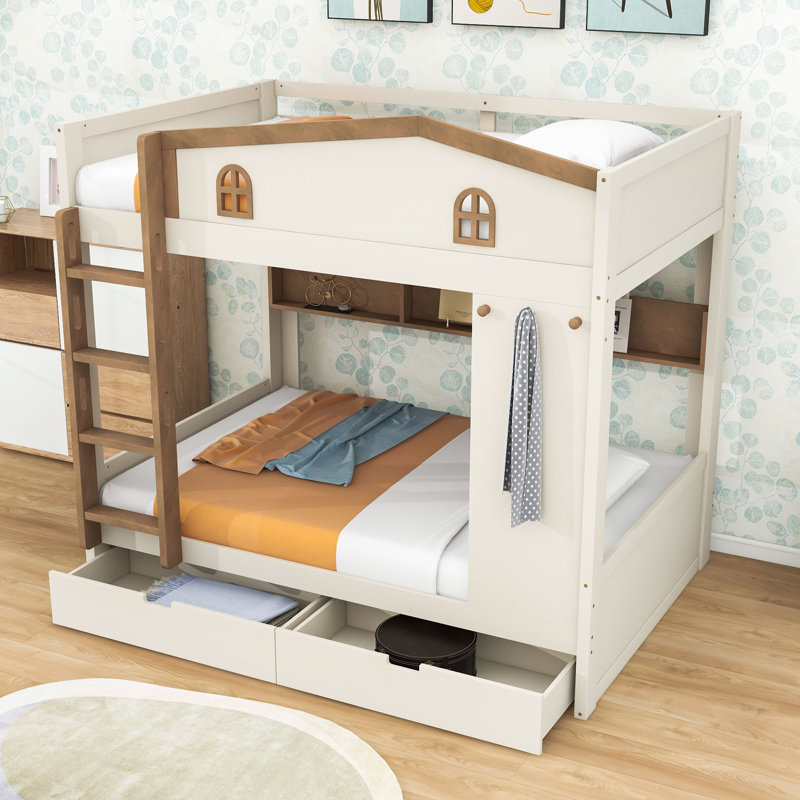 Lit superposé double en bois avec tablettes intégrées, tiroirs et crochets d'organisation