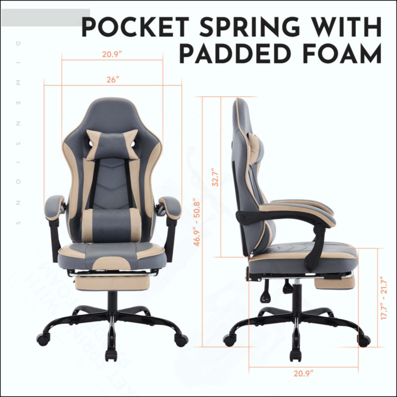 Fauteuil de jeu, fauteuil d'ordinateur ergonomique avec repose-pieds et support lombaire à massage, fauteuil de jeu vidéo pivotant à hauteur réglable pour adultes, capacité maximale de 300 lb