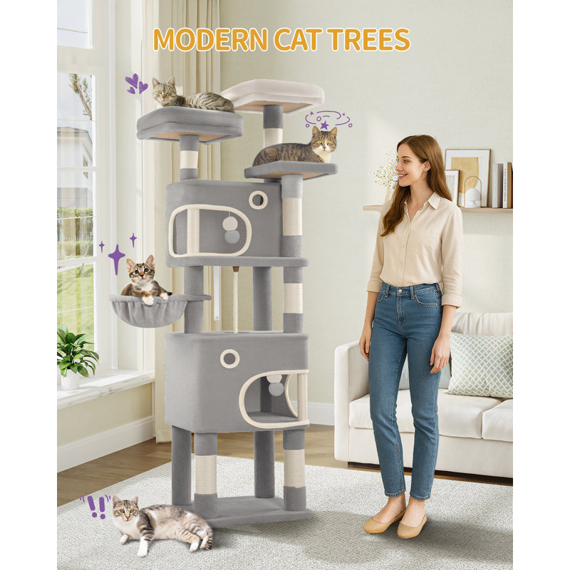 180 cm Cat Tree for Indoor Cats, Cat Tower, Multi-Level Cats Condo with 8 Scratching Posts, 3 Platforms, 2 Caves, Basket, Plush Balls, Sisal Rope, Anti-Tip Kit 