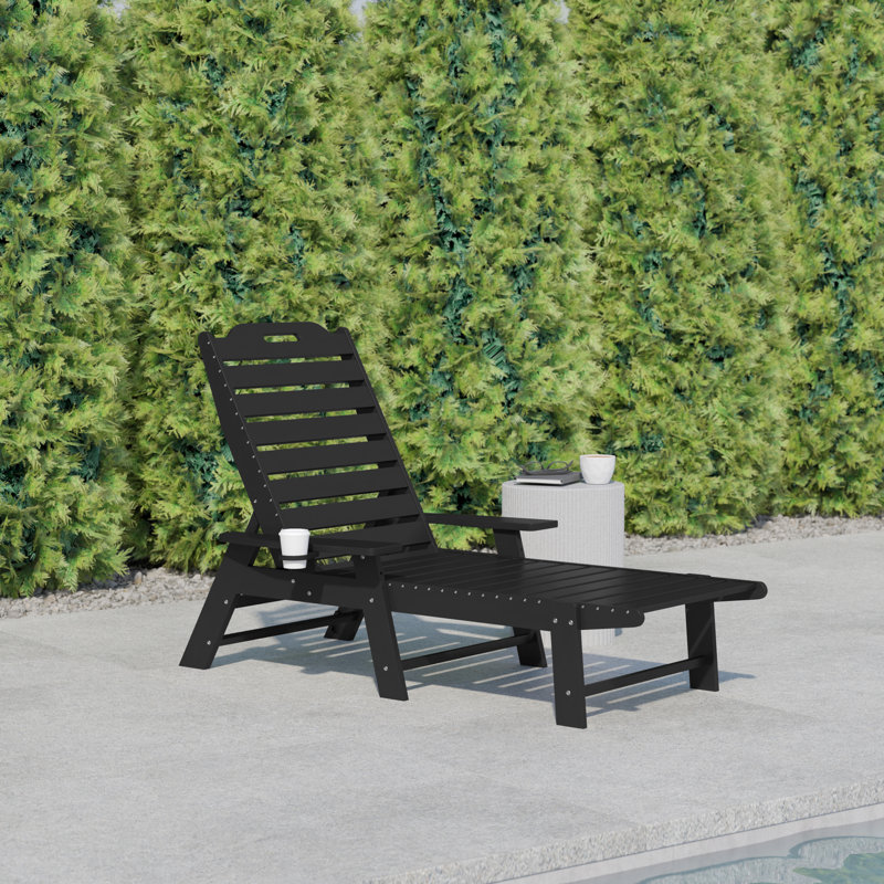 Ayleah Commercial Grade Outdoor Adjustable Lounge Chair with Cupholder, Black, 1
