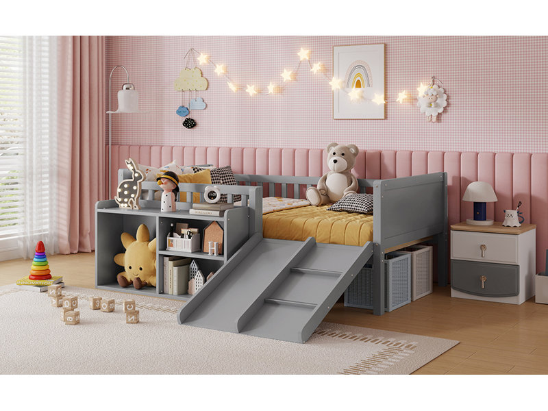 Lit mezzanine simple pour enfants avec glissade, bibliothèque mobile, garde-corps, cadre de lit mezzanine bas pour enfants, gris