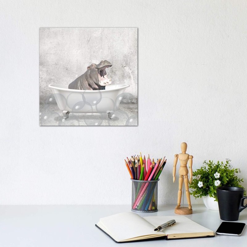 Baby Hippo Bath 1 Piece Wrapped Canvas Wall Art, 30.48 cm H x 30.48 cm W