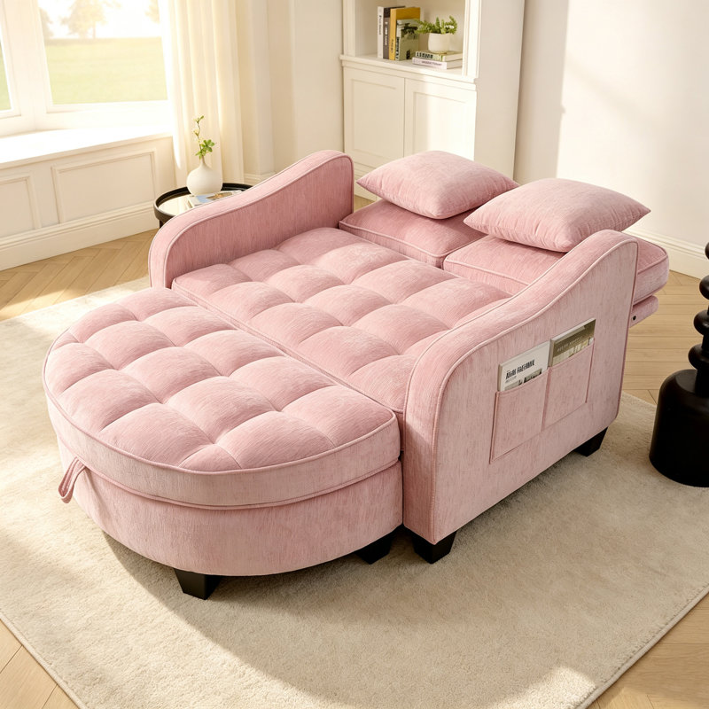 Canapé deux places avec méridienne, accoudoirs et dossiers asymétriques, repose-pieds avec rangement, livré avec deux petits coussins décoratifs, idéal pour le salon et la chambre - Rose