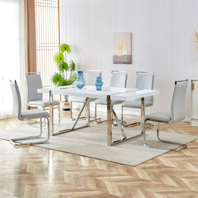 7-Piece Modern Glam Rectangular High-Gloss Wood Dining Set with Faux Leather Cantilever Chairs