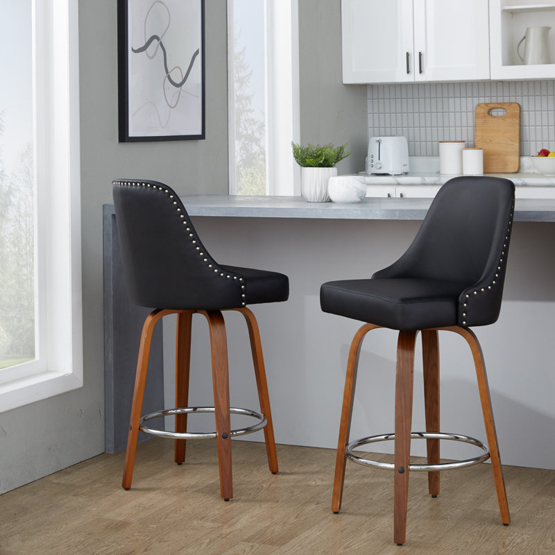 Tabouret de comptoir à hauteur fixe cloutée 27 po avec pieds en bois courbé et repose-pieds rond - ensemble de 2, Noyer