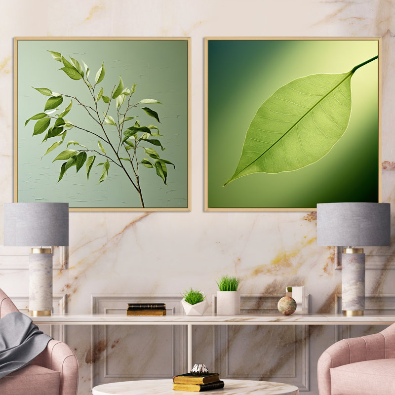 Lime légèreté minimaliste feuillue - ensemble de 2 feuilles carrées, H 16 po x l 33 po, Cadre flottant brun