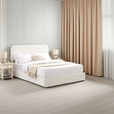 Queen Size Ivory Boucle Upholstered Platform Bed With Patented 4 Drawers Storage, Curved Stitched Tufted Headboard