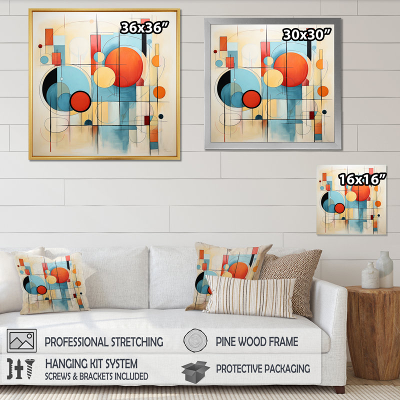 Colourful Mid Century Dynamic Duality I - Mid-Century Wall Decor, Encadrement doré, H 24 po x l 24 po x P 1 po