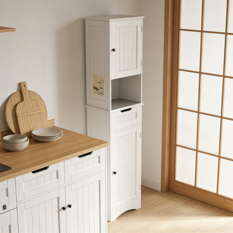 67" Tall White Bathroom Cabinet With 2 Doors & Drawer, Adjustable Shelves, Anti-Tipping
